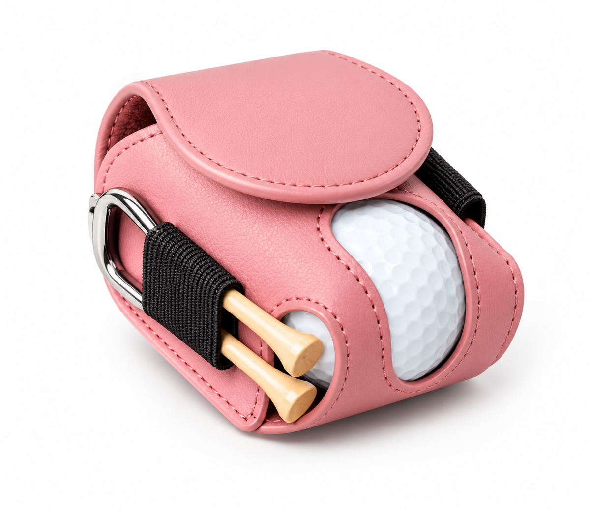 Pink golf ball waist pouch with golf ball and tees on a white background