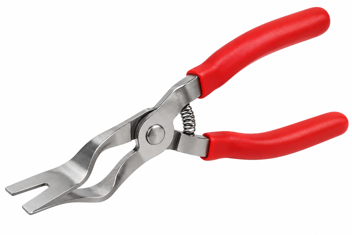 Stainless steel trim clip pliers with red handles on white background