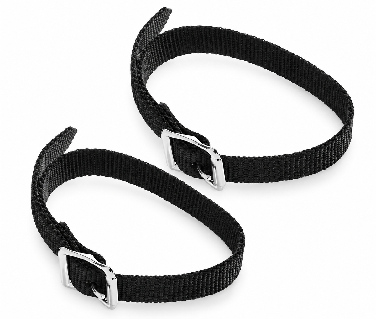 Pair of black nylon spur straps with alloy buckles on white background
