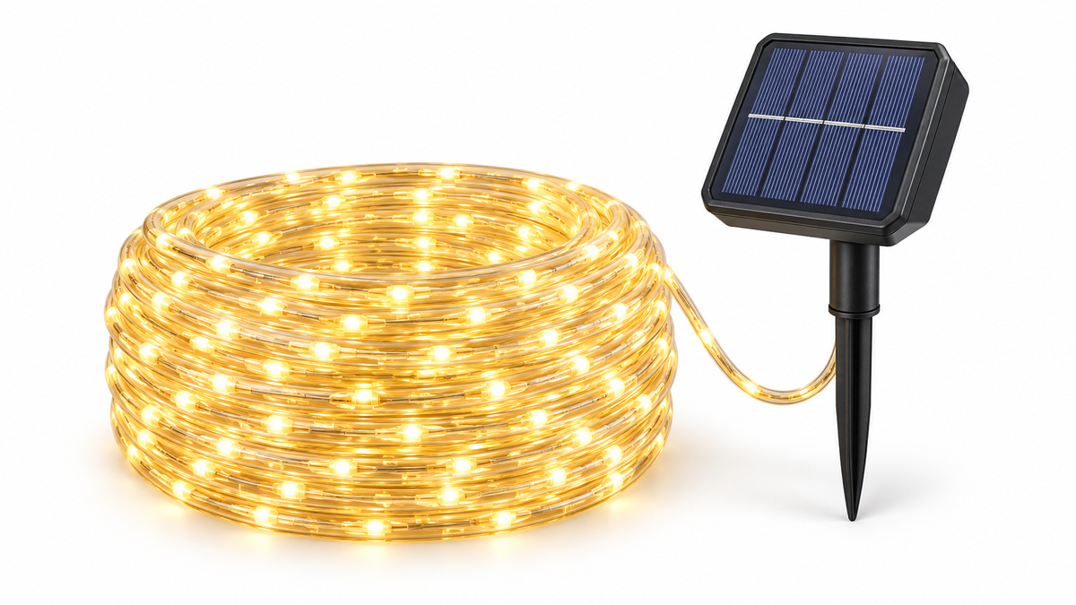 Warm-white solar-powered LED rope light set on white background