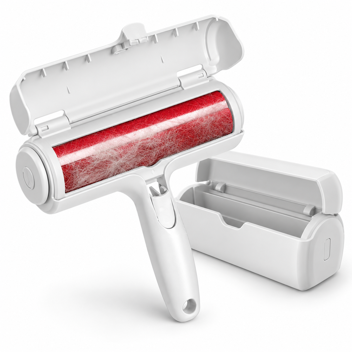 Unbranded reusable pet hair remover roller and base on white background