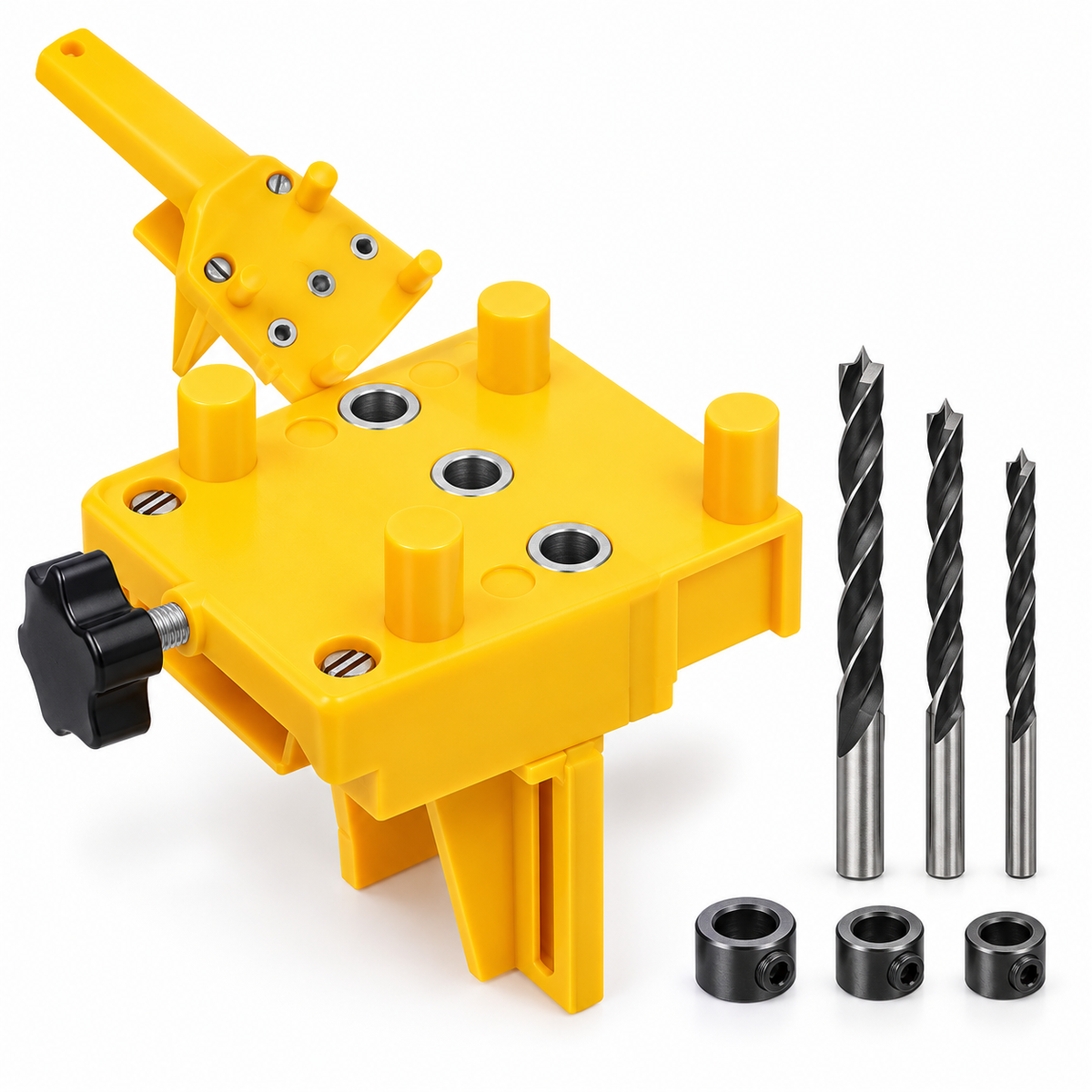 Yellow woodworking dowel drill guide and bits on white background