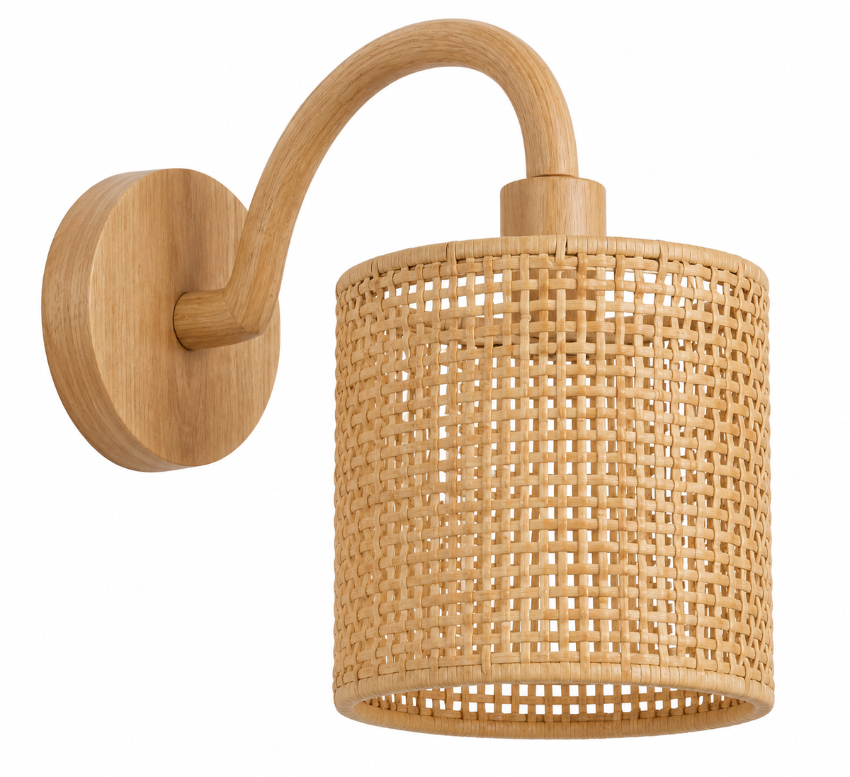 Woven rattan wall light fixture on white background