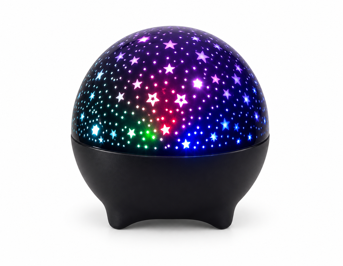 Moon and star LED night projector on a white background