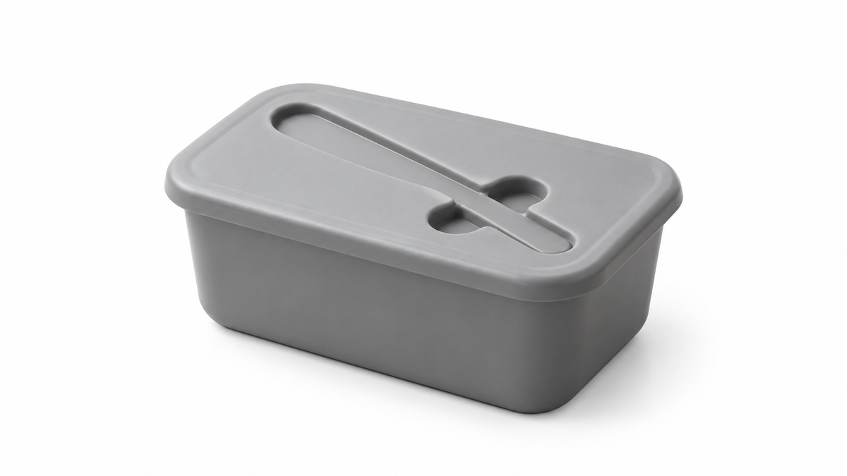 Plain gray refrigerator butter storage box on a white background