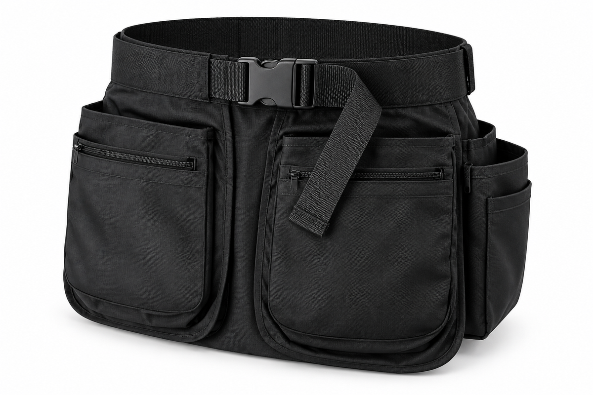 Black adjustable waist organizer with multiple pockets on a white background