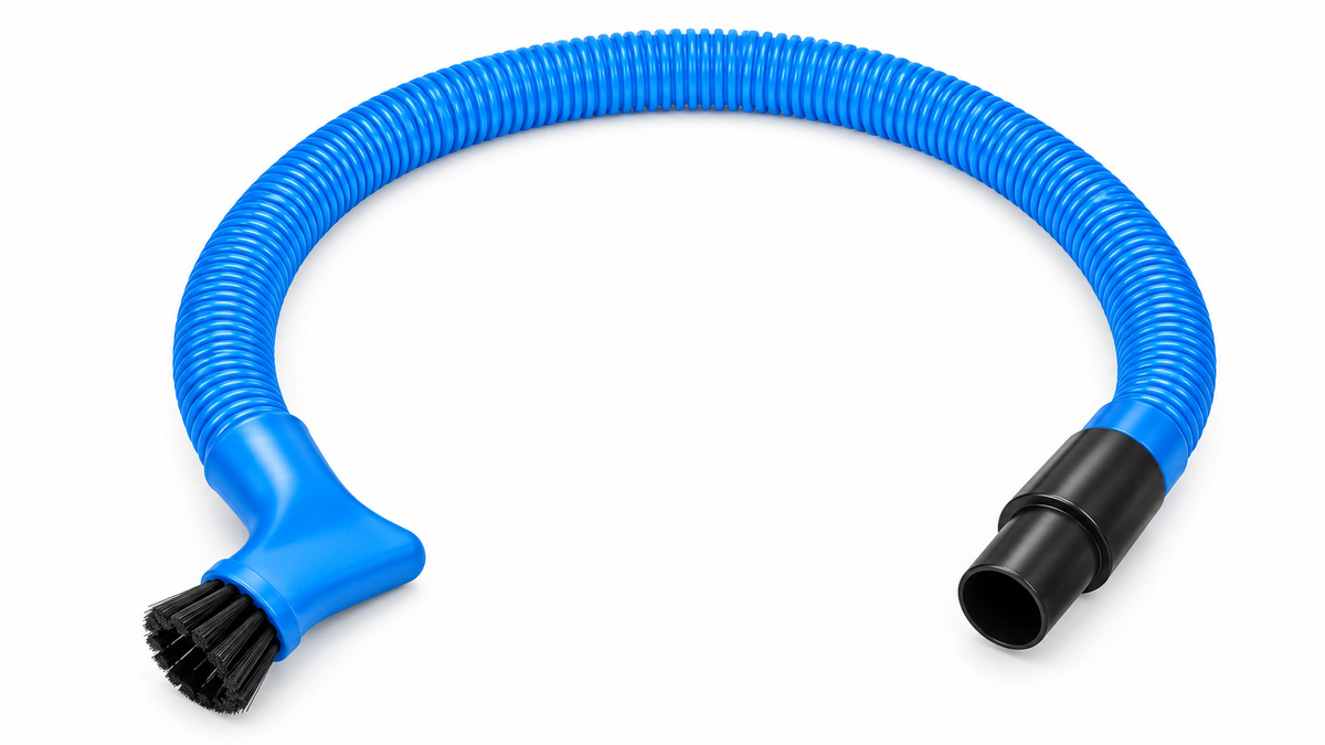 Blue flexible dryer vent cleaning hose kit on white background