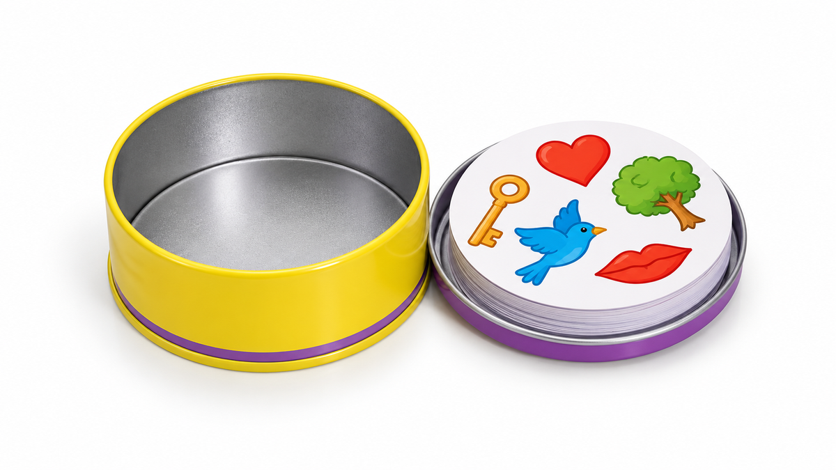 Round matching card game in yellow tin on a white background