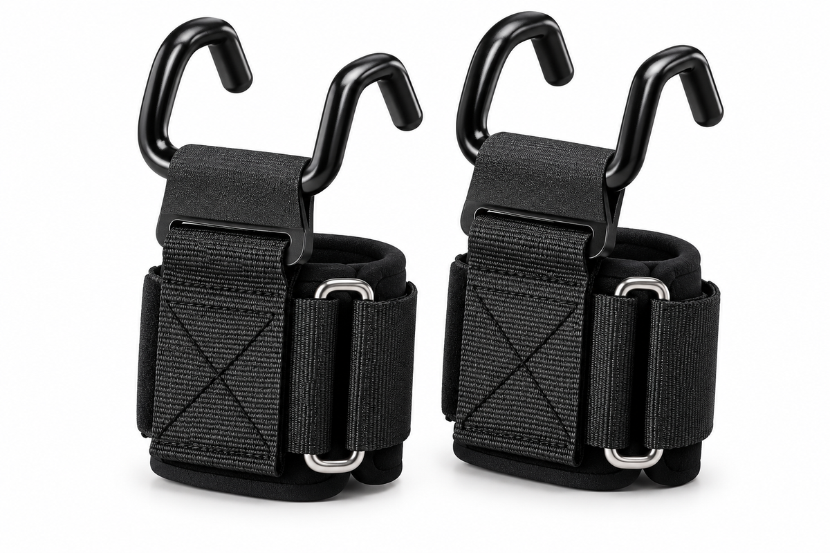 Pair of black weightlifting hooks with wrist straps on a white background