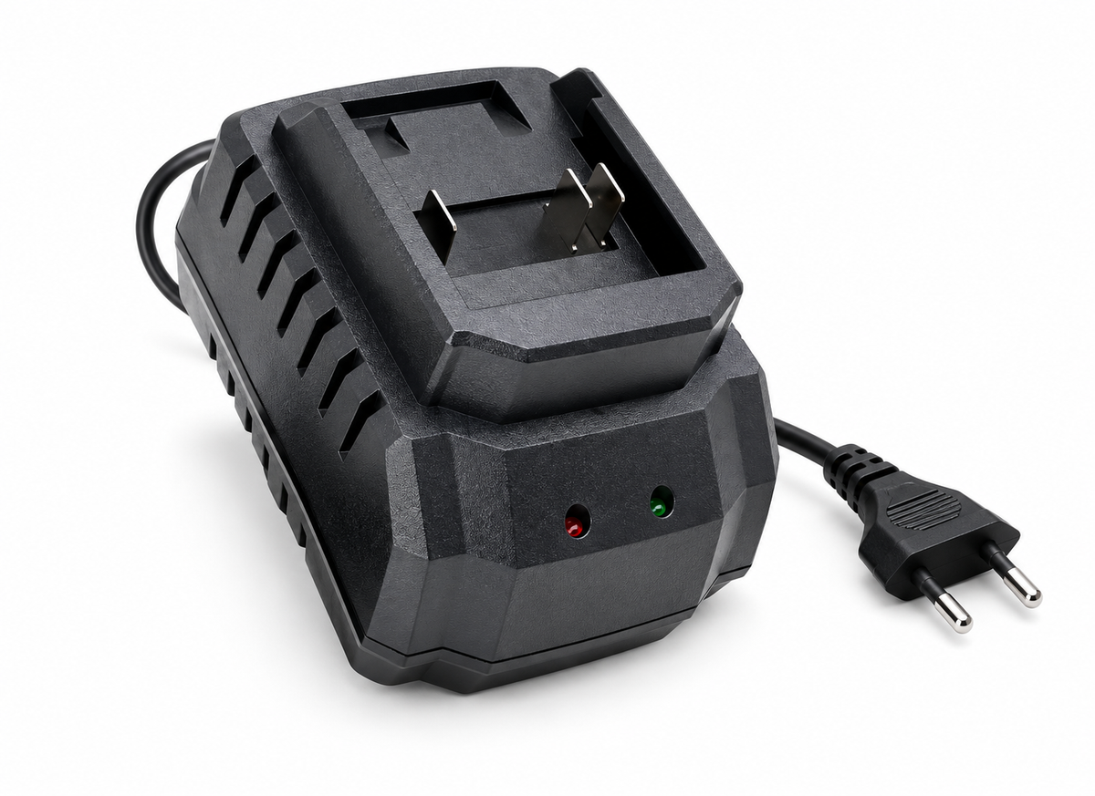 Makita-compatible 18 V battery charger with EU plug on a white background