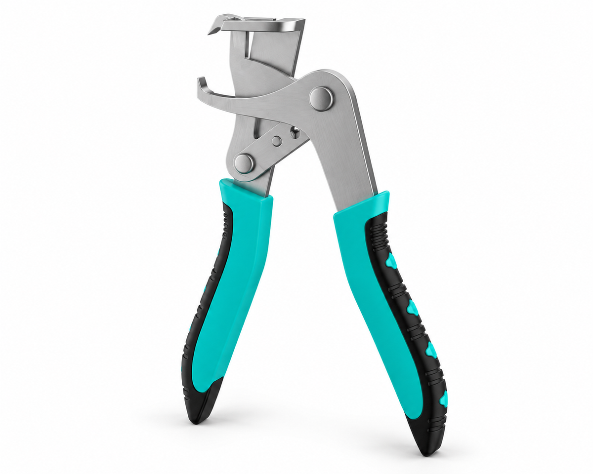 Teal-handled spring-loaded automotive trim clip pliers on white background