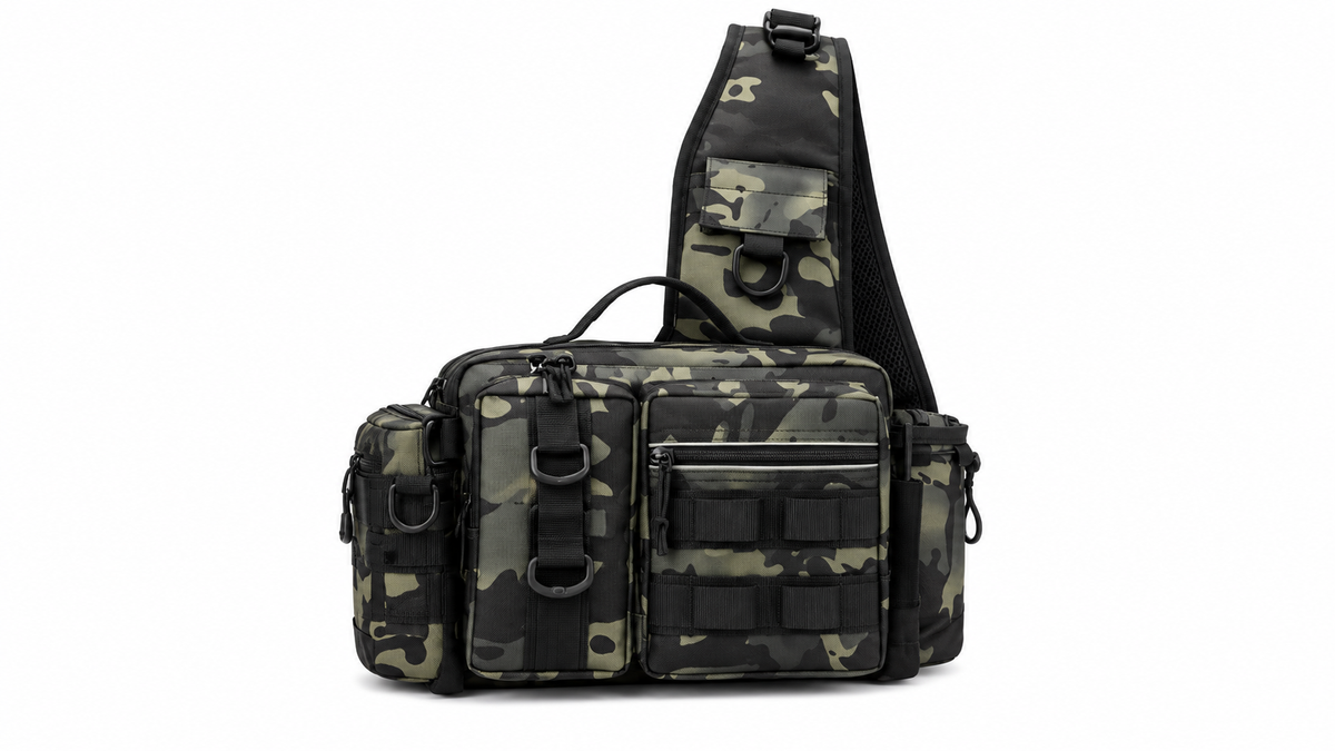 Camouflage crossbody fishing tackle bag on a white background