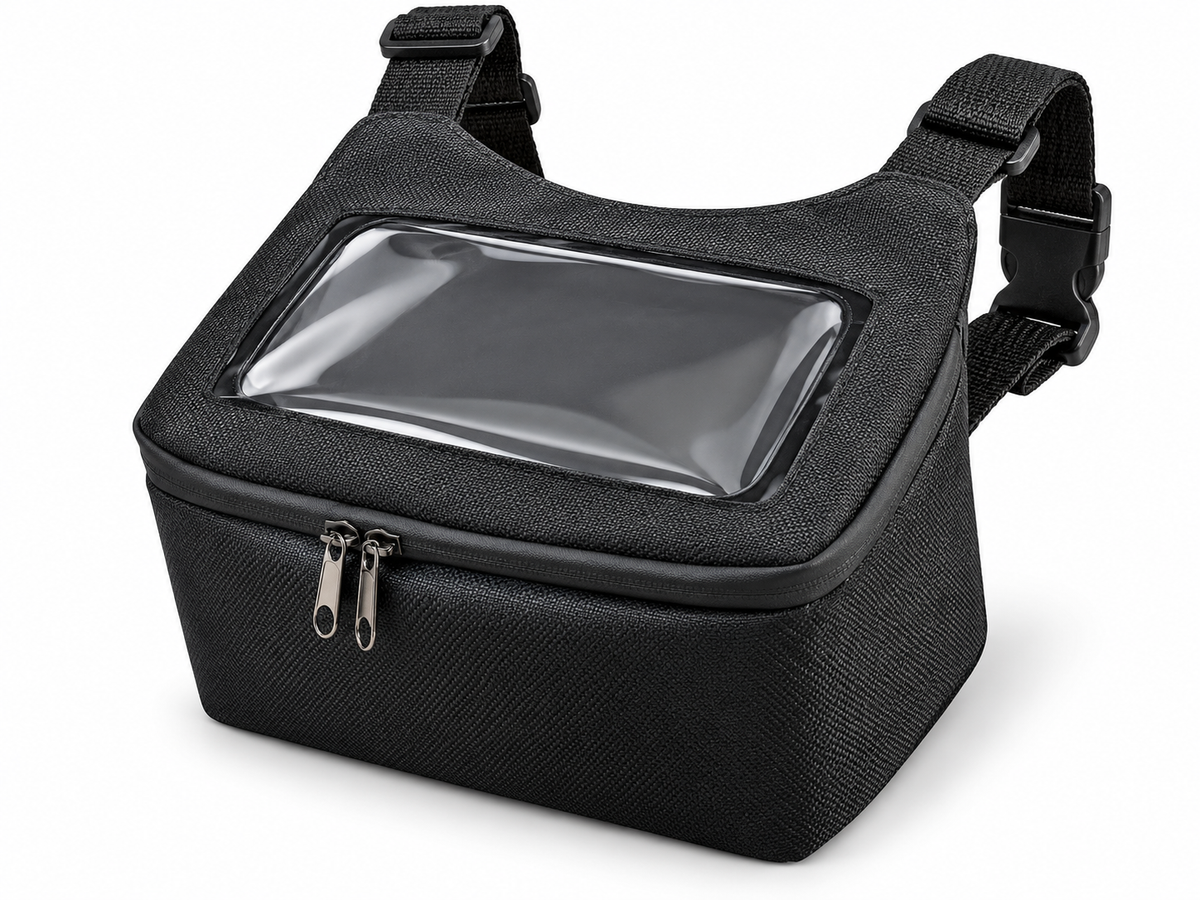 Black motorcycle handlebar bag with clear touch window on white background