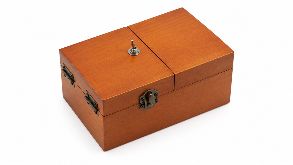 Unmarked wooden pop-up finger box toy on a white background
