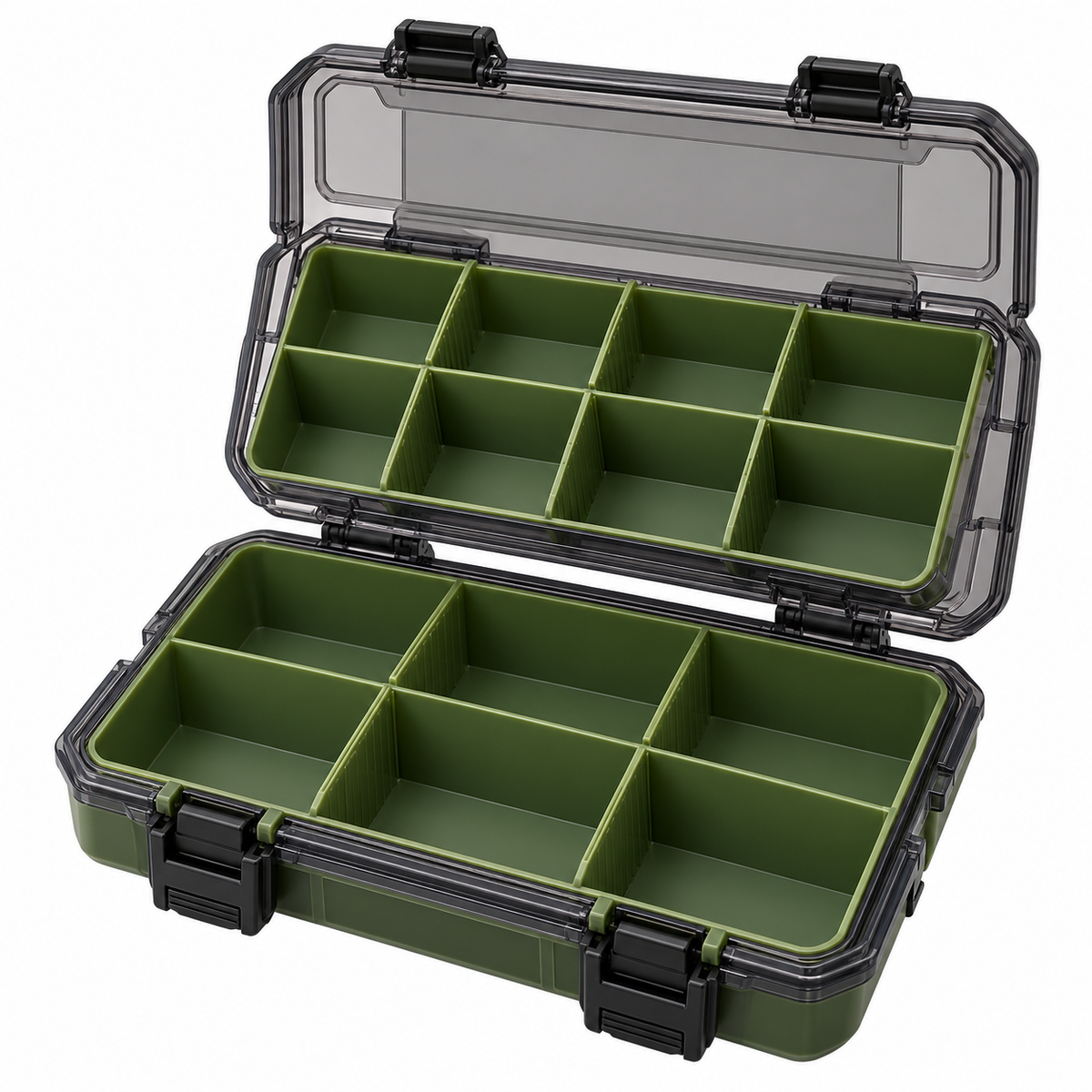 Double-layer fishing tackle box on white background