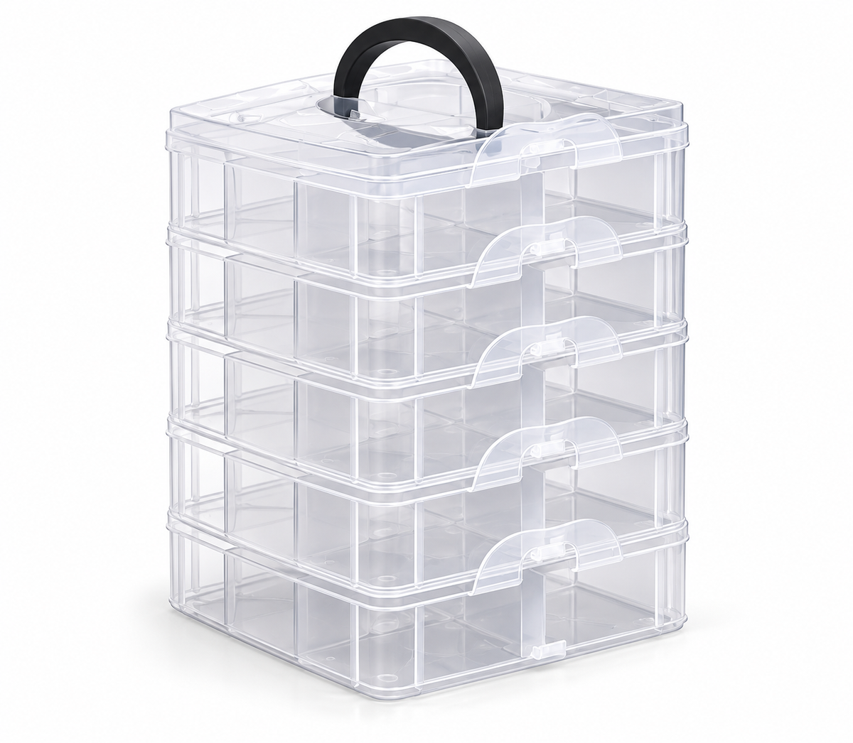 Empty transparent five-tier storage organizer on white background