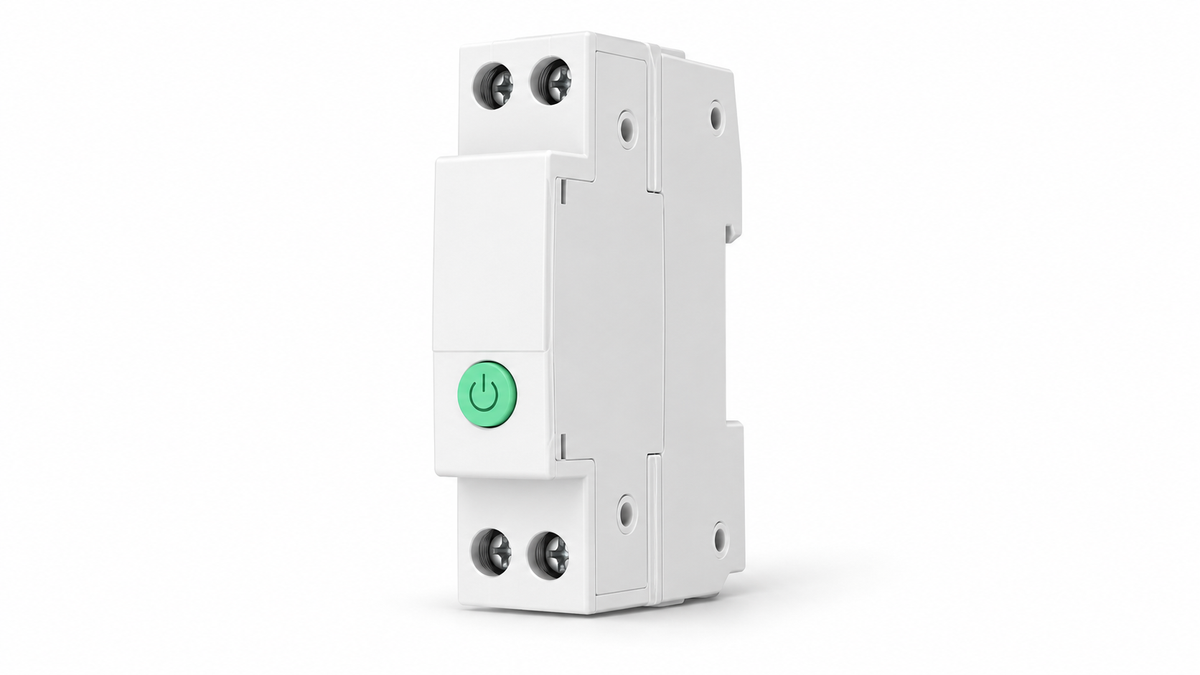 White DIN rail smart switch with green button on white background