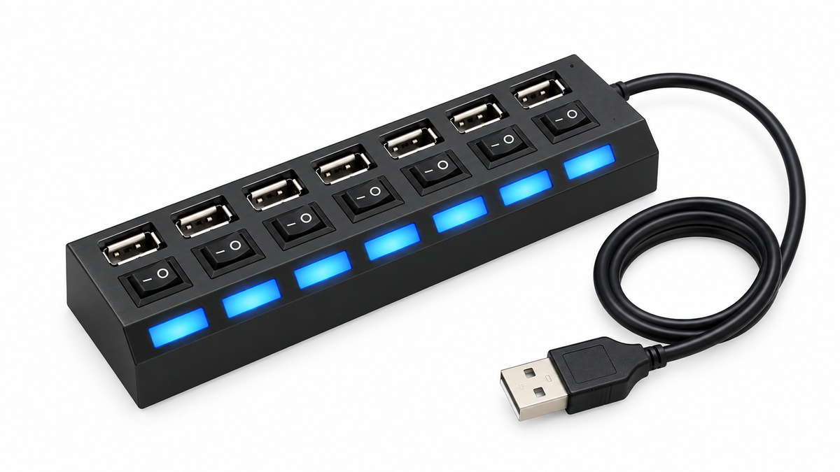 Black seven-port USB 2.0 hub with switches and attached cable on white