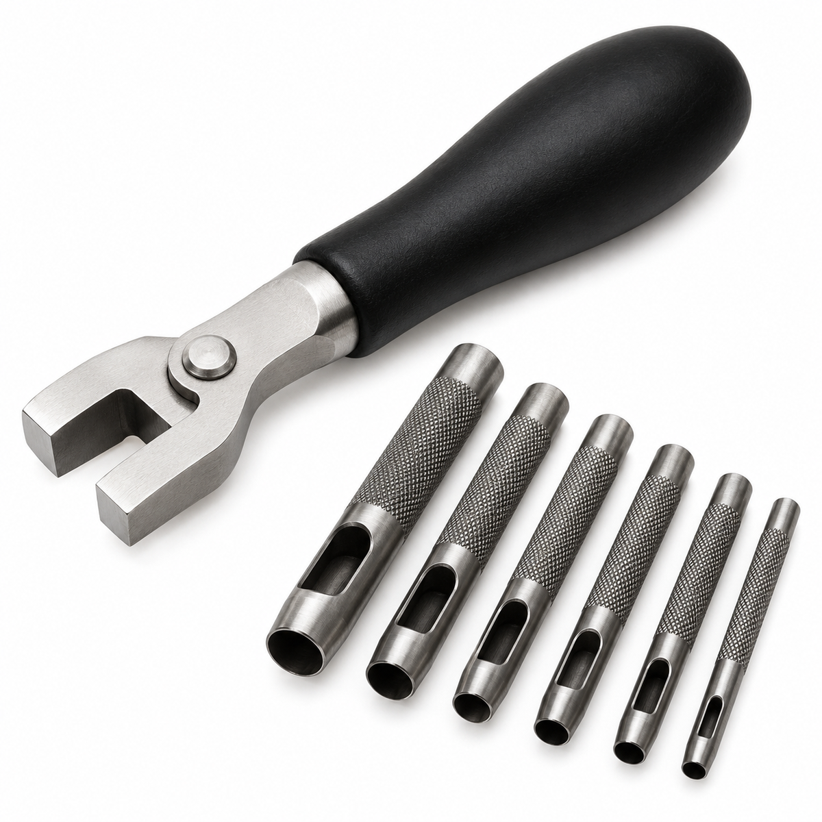 Leather strap tool set on white background