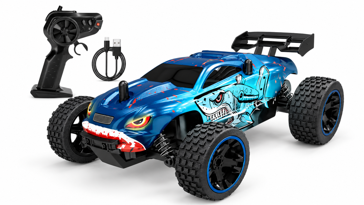 Blue 1:18 off-road RC buggy with controller and USB cable on white background