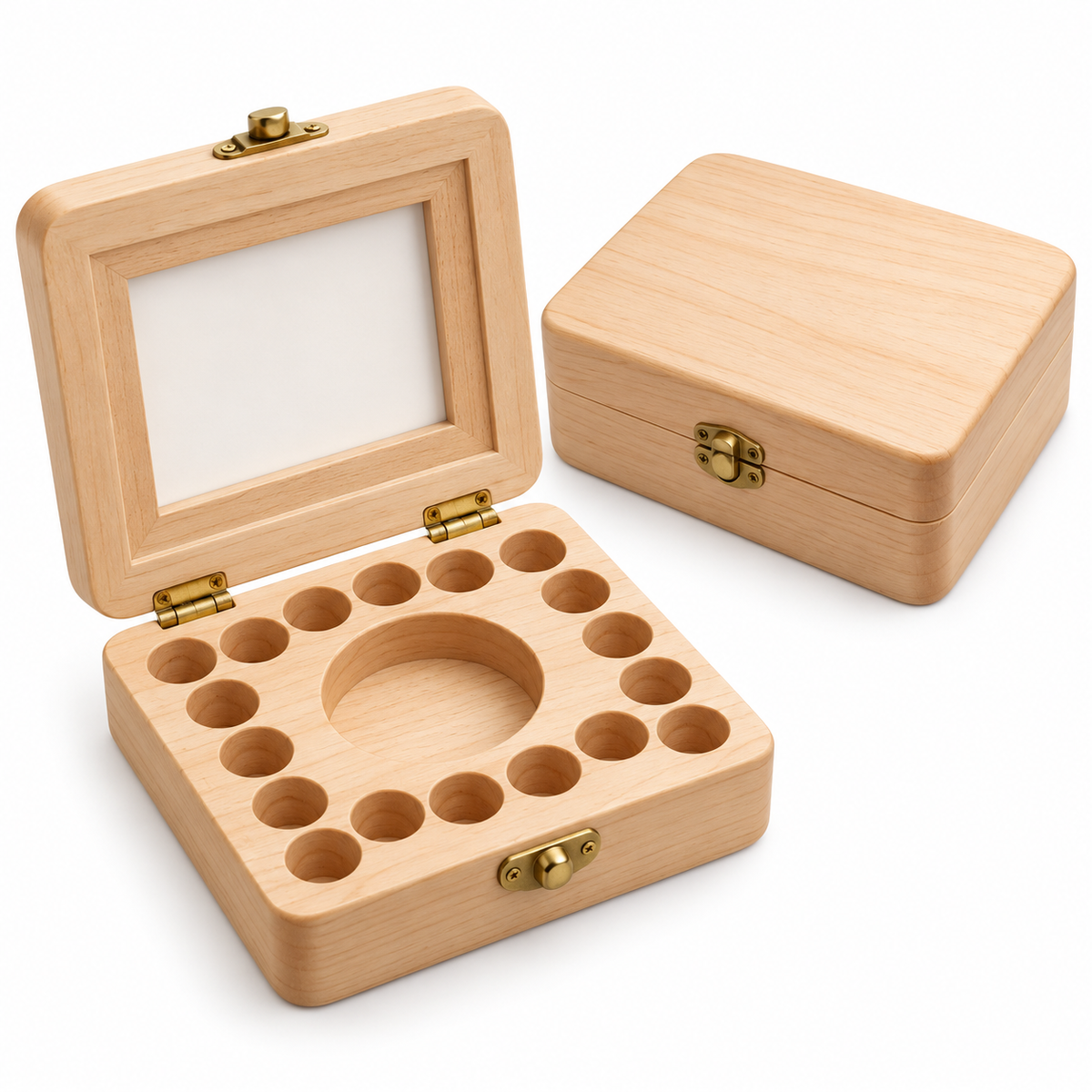 Wooden baby tooth keepsake box on white background