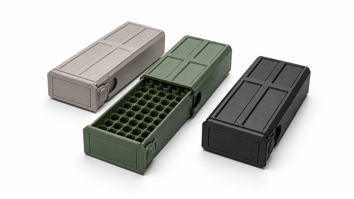 Three empty 9mm cartridge storage boxes on white background