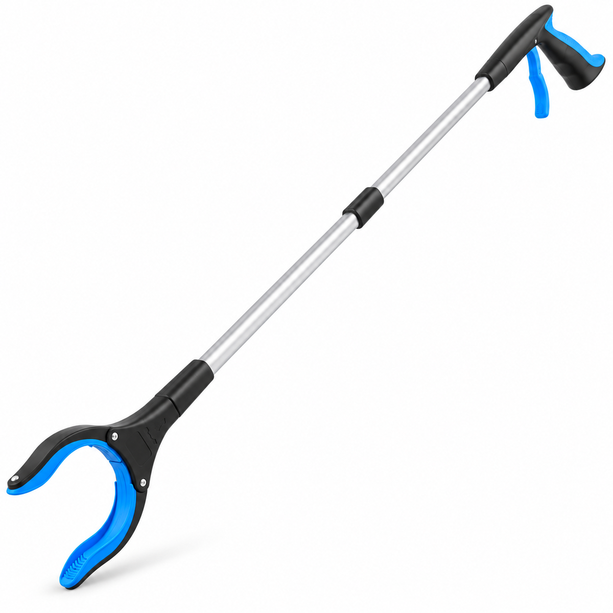 Blue and black reacher grabber tool on white background