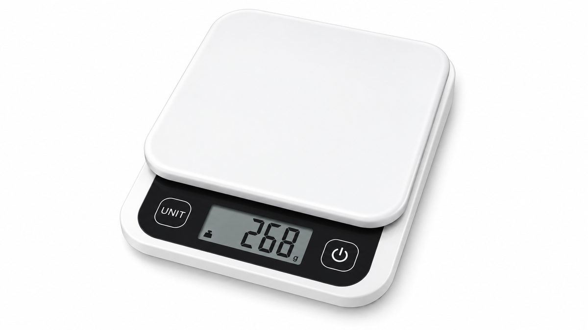 White digital nutrition kitchen scale on a white background