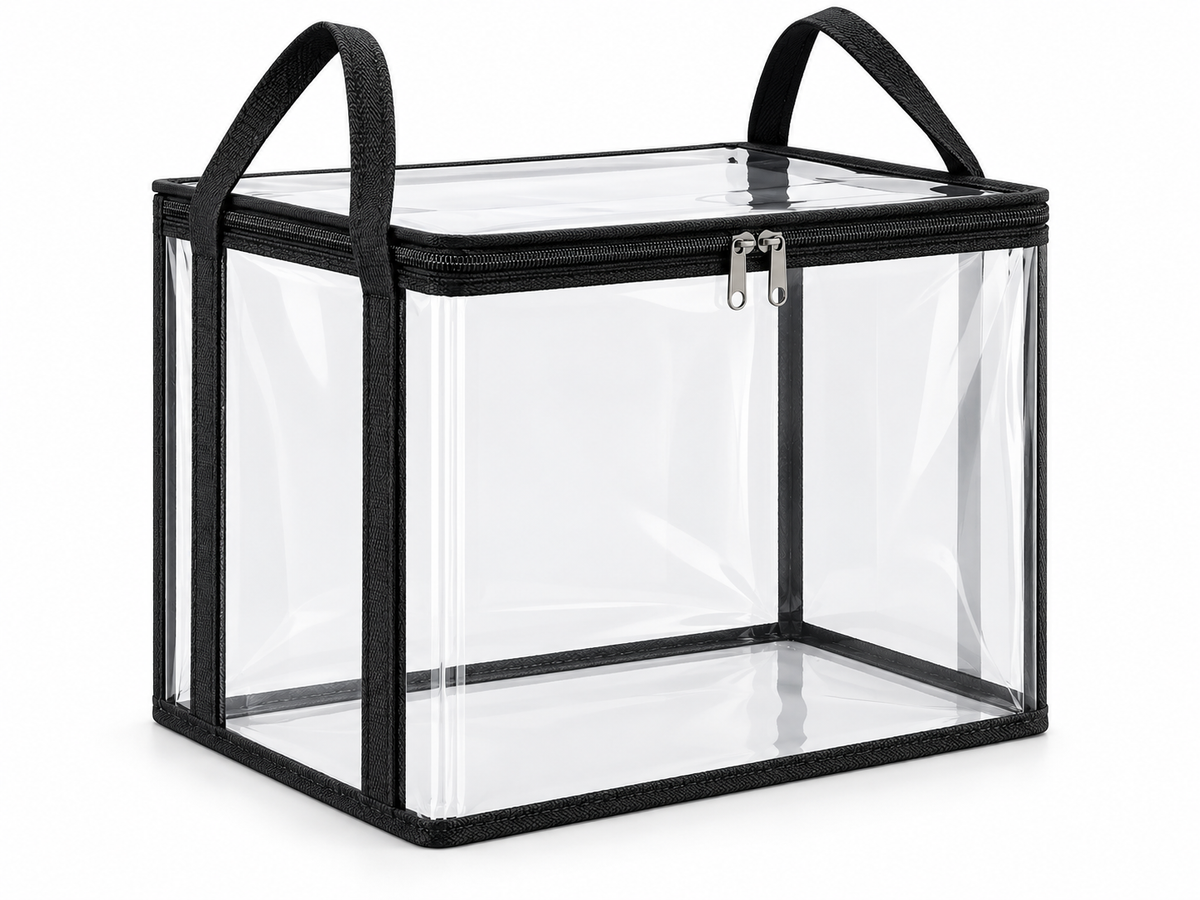 Empty clear PVC storage box with black trim and handles on a white background