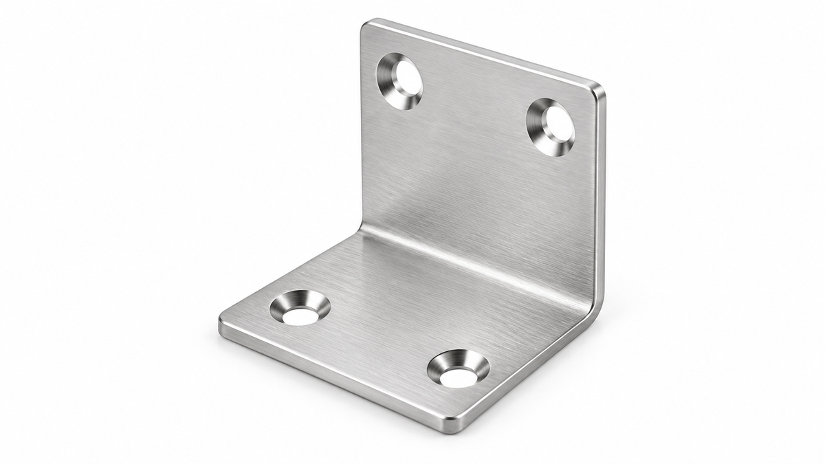 Single stainless steel four-hole right-angle bracket on a white background
