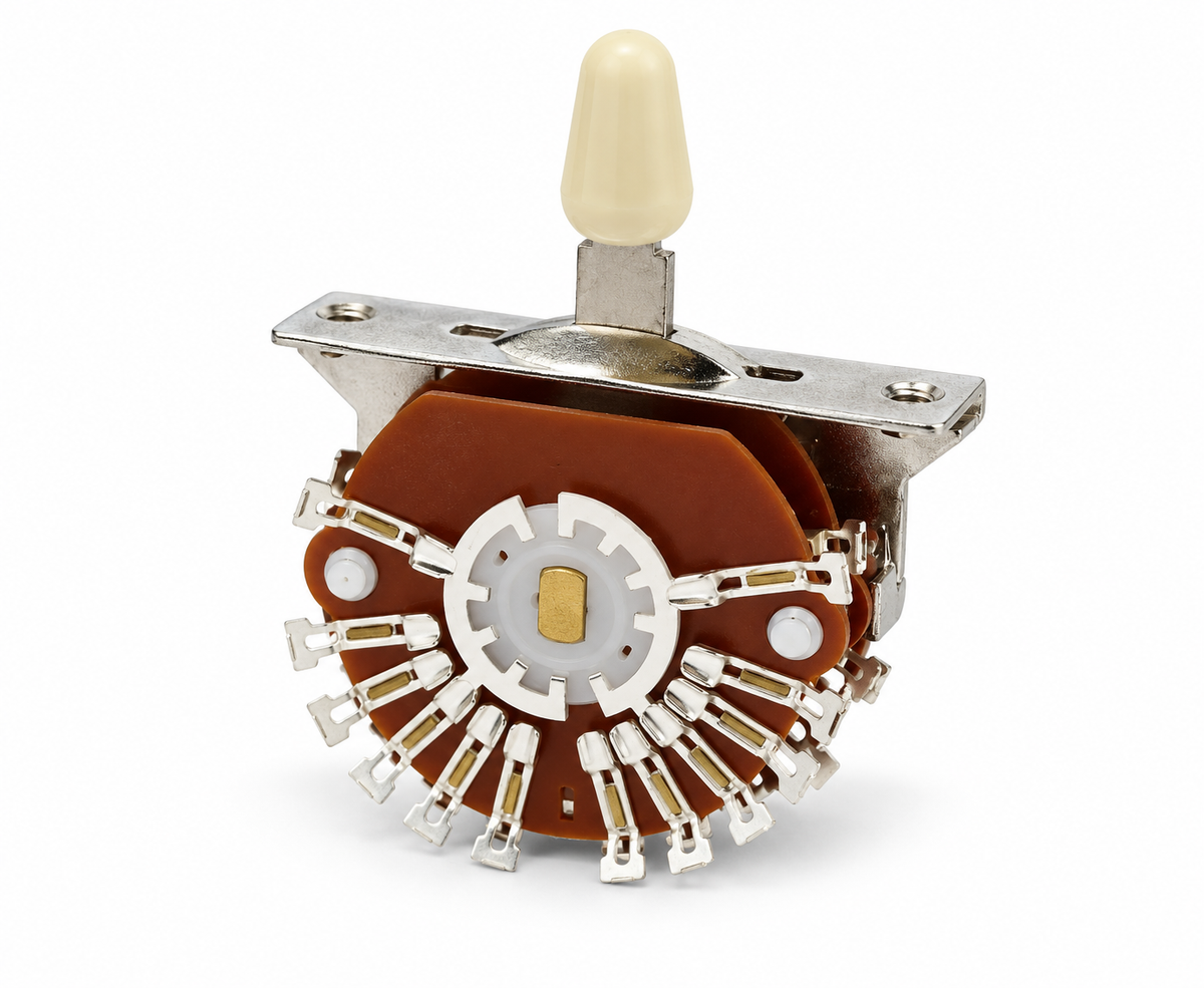 Unbranded 4-pole 5-way guitar selector switch on white background
