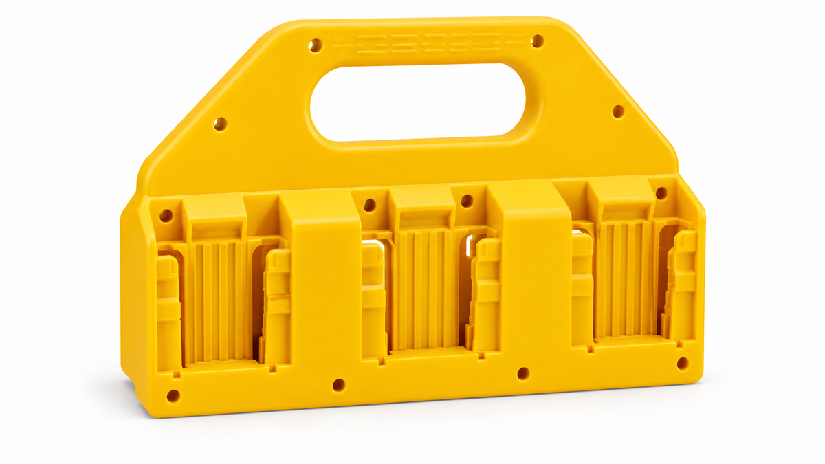 Unbranded yellow power-tool battery storage caddy with handle on a white background