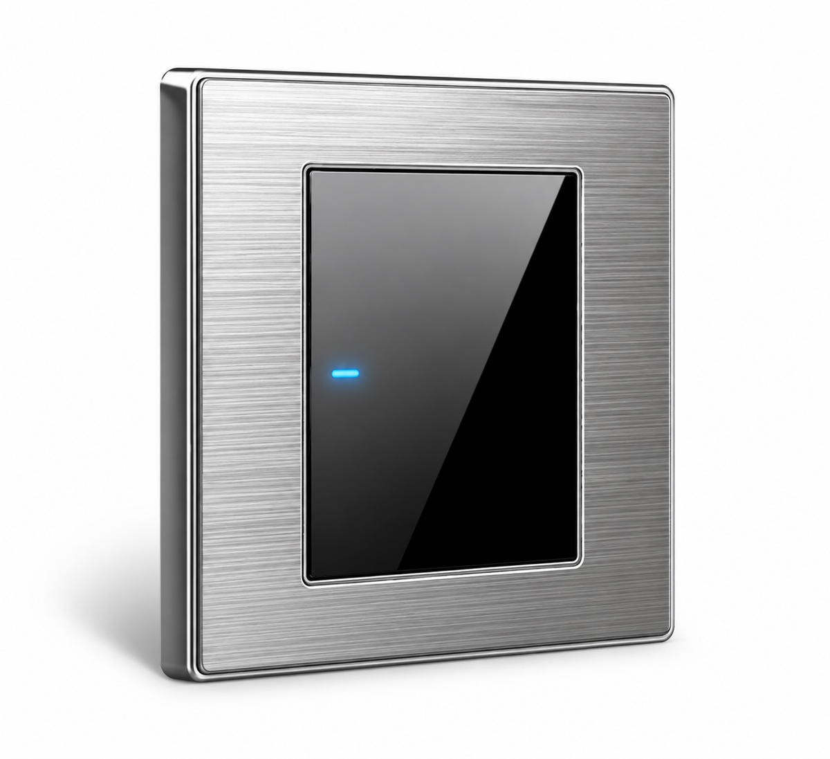 Unbranded brushed steel touch wall switch on a white background