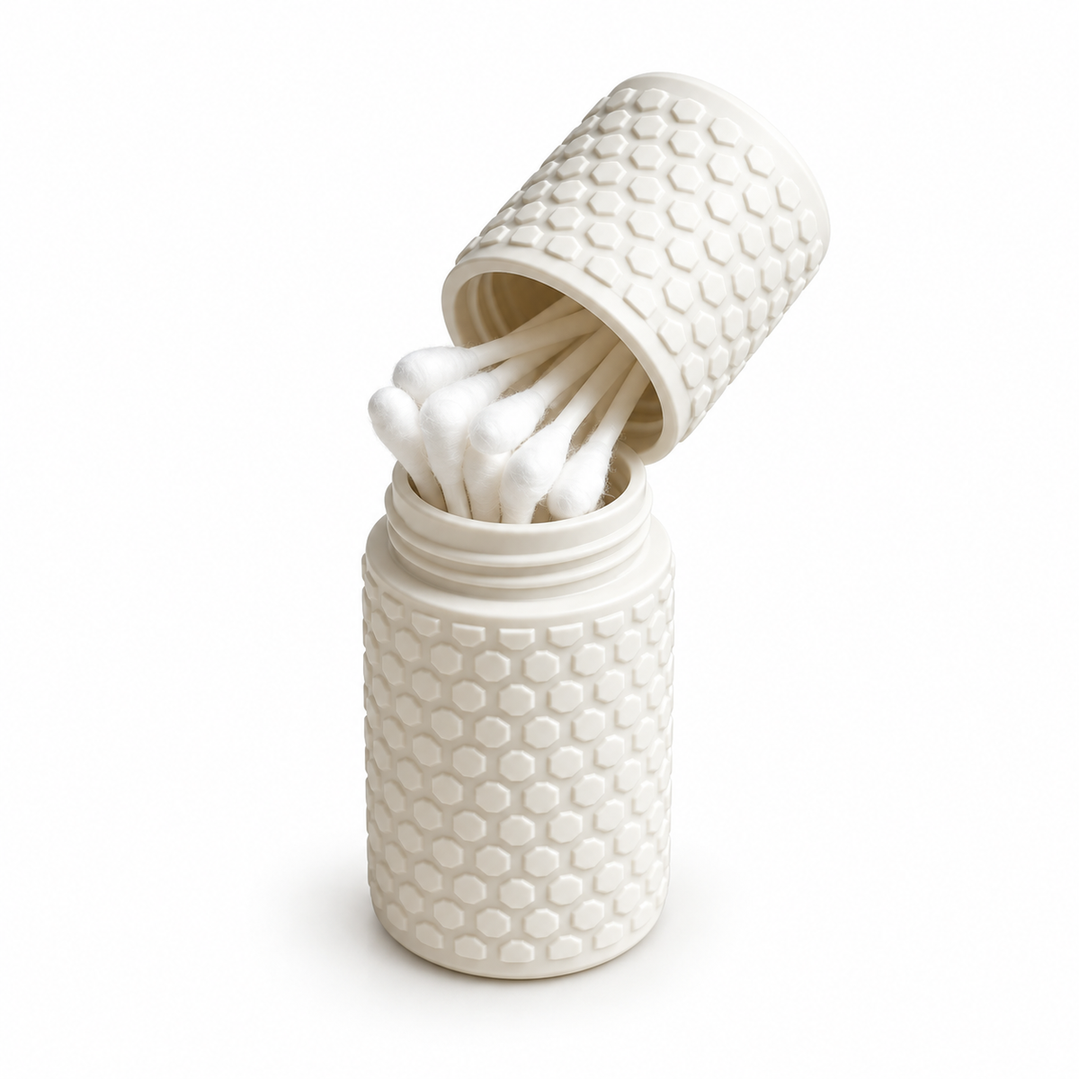 Compact white plastic storage box with lid and cotton swabs