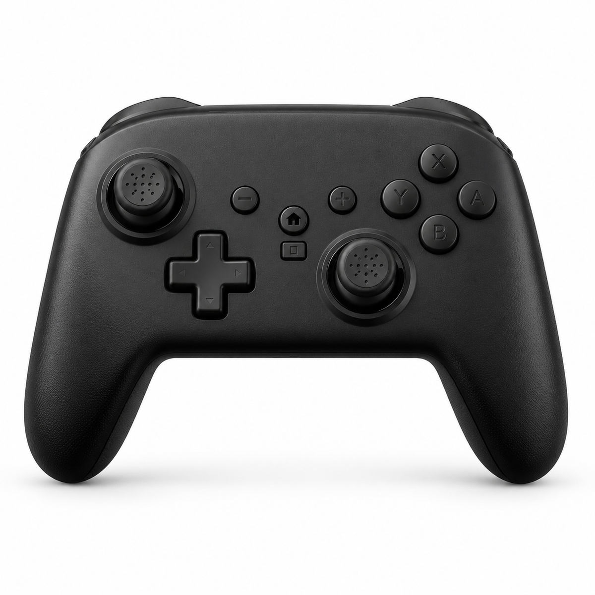 Black wireless game controller on white background