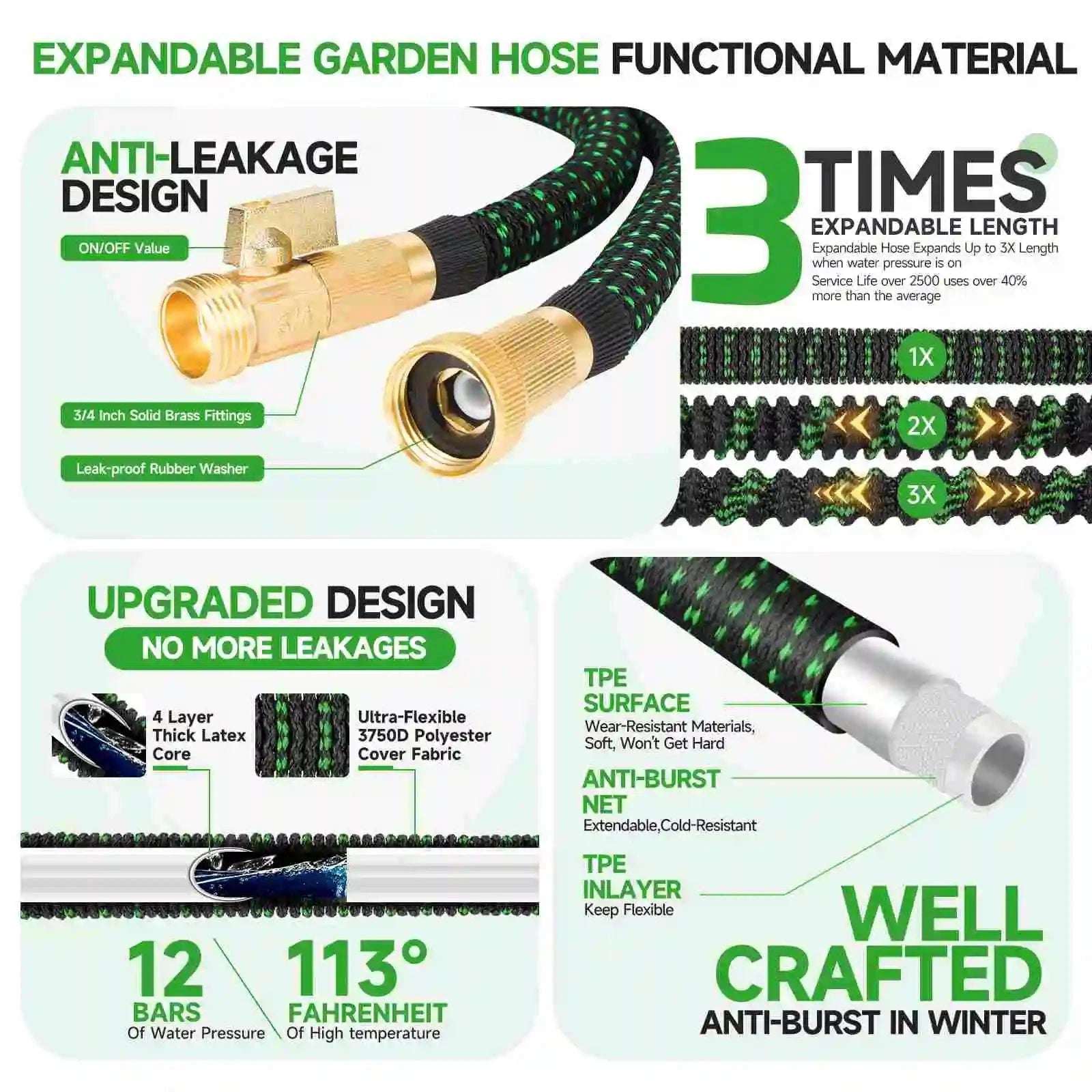 Expandable Garden Hose with 10-Pattern Spray Nozzle (25–150 ft)-green / 1/2'' / 75ft|United States