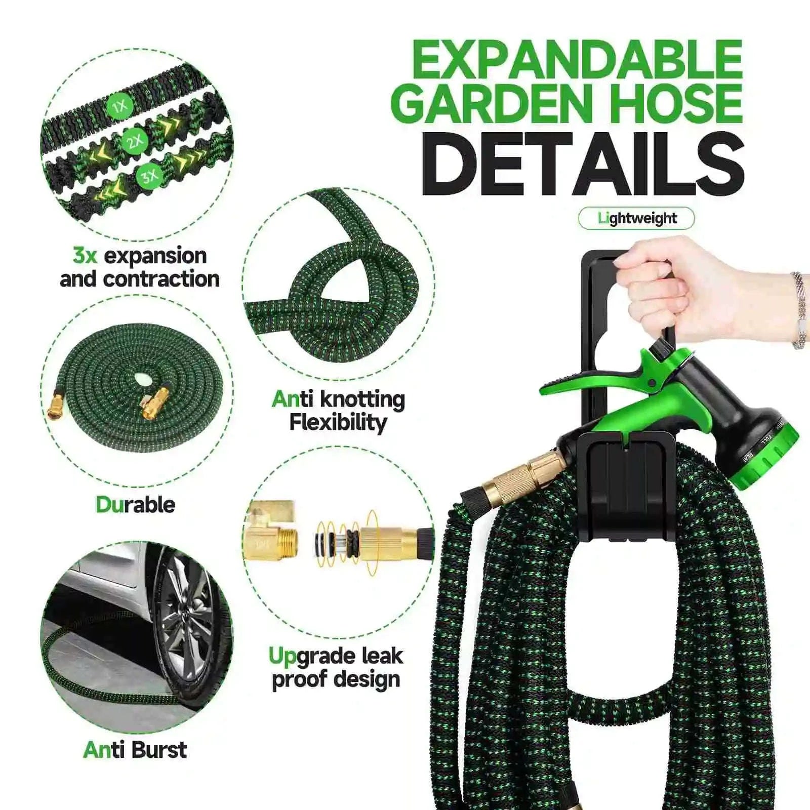 Expandable Garden Hose with 10-Pattern Spray Nozzle (25–150 ft)-green / 1/2'' / 75ft|United States