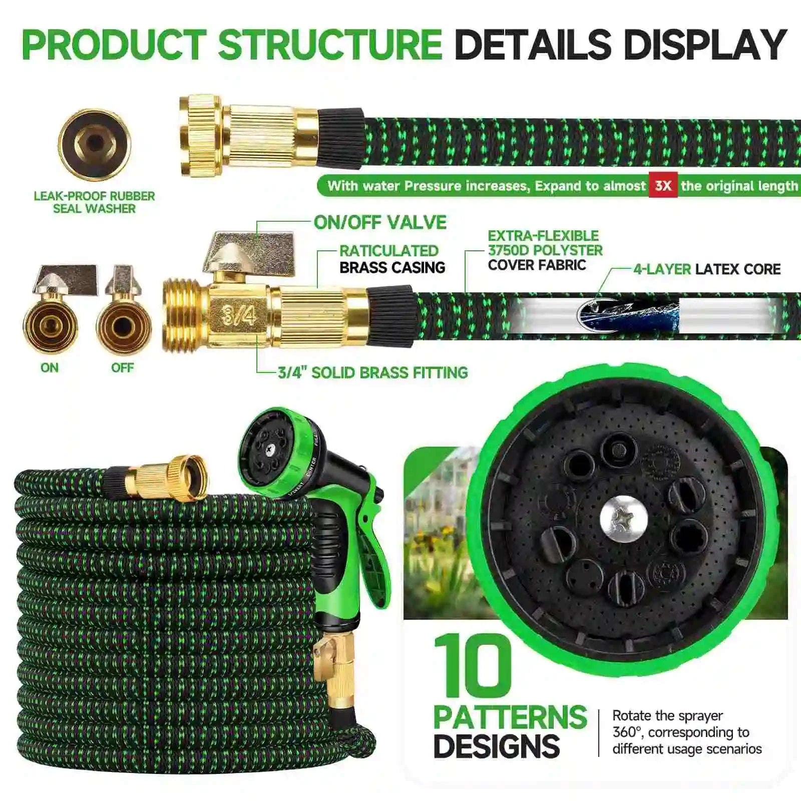 Expandable Garden Hose with 10-Pattern Spray Nozzle (25–150 ft)-green / 1/2'' / 75ft|United States