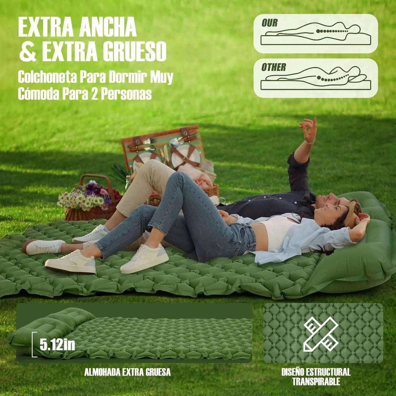 Extra Wide Inflatable Sleeping Pad for Camping Travel-T2312Army green