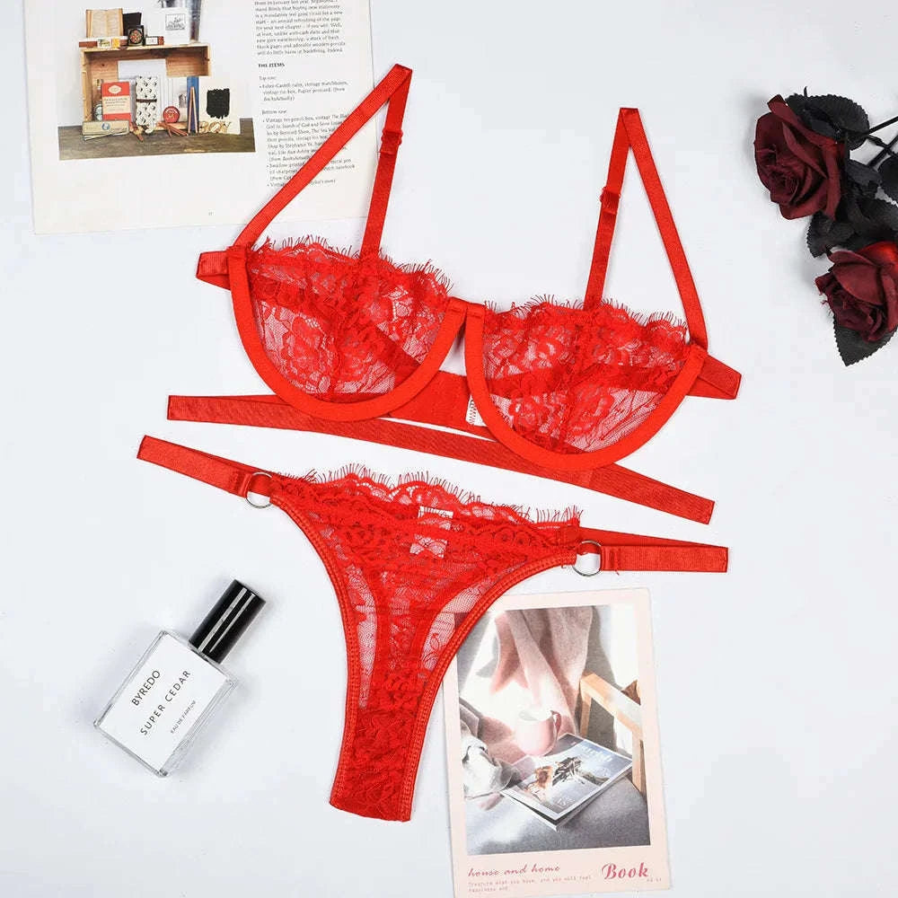 Fairy Embroidery Lace Transparent Lingerie Set-Pink / XL