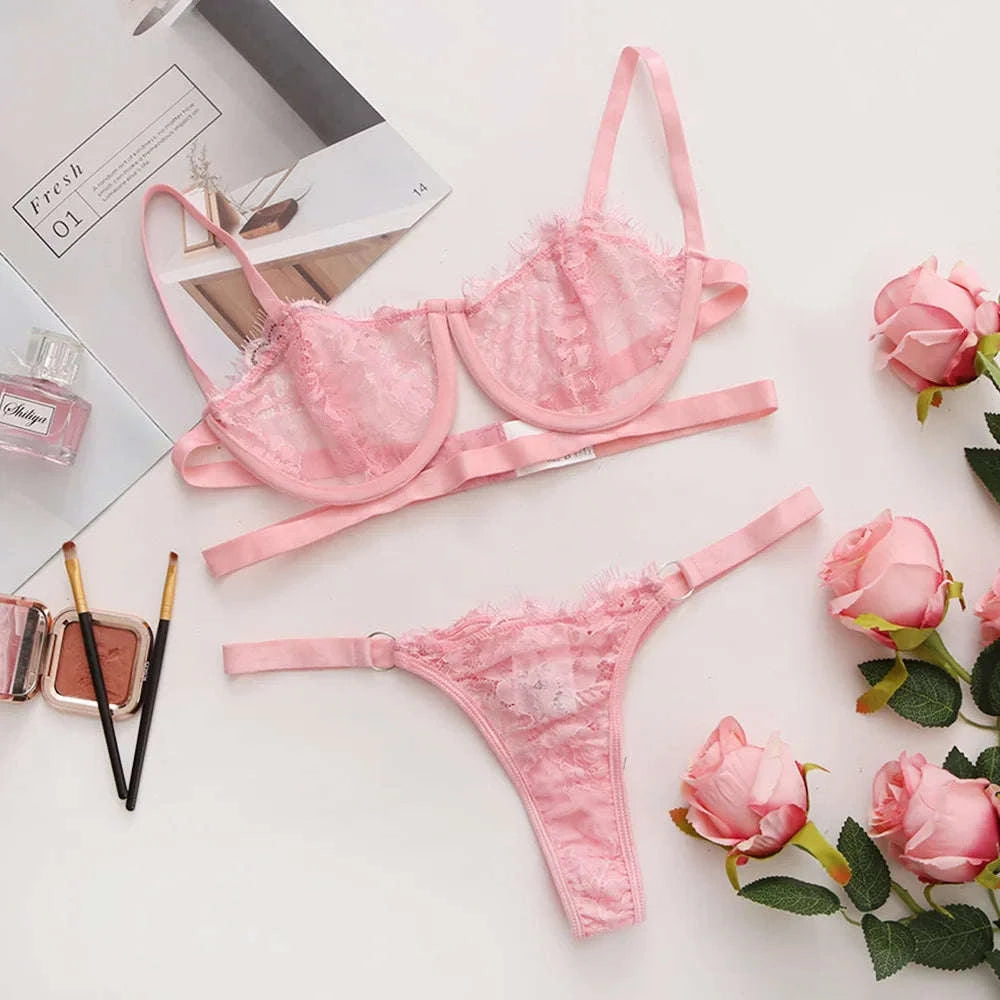Fairy Embroidery Lace Transparent Lingerie Set-Pink / XL
