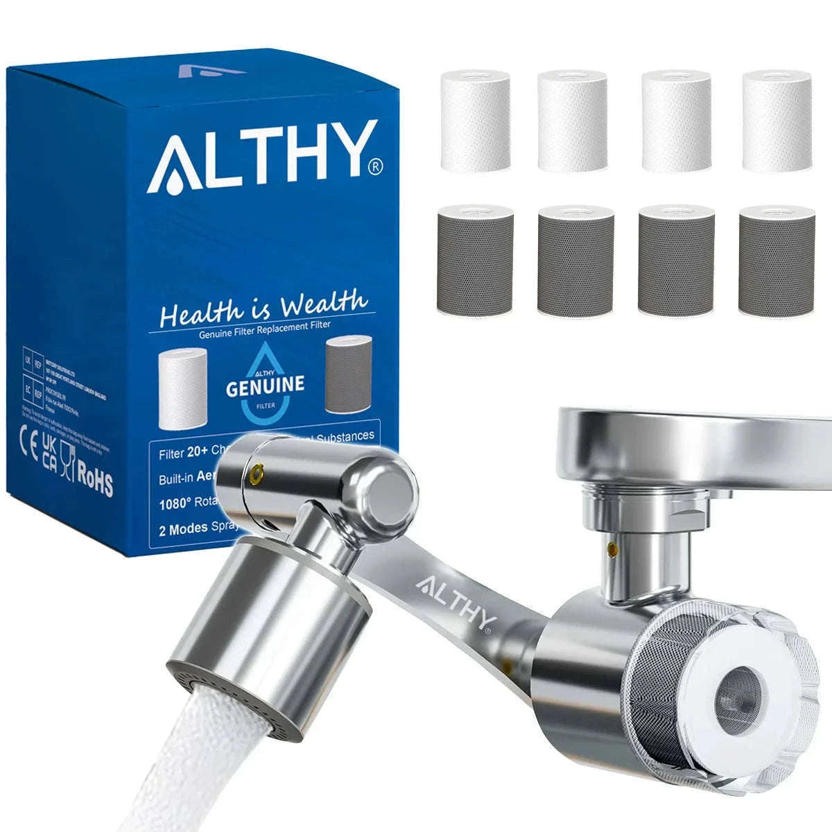 Faucet Aerator Water Filter 1080° Rotating 2 Spray Modes-1xHost and 9xfilters / China Mainland