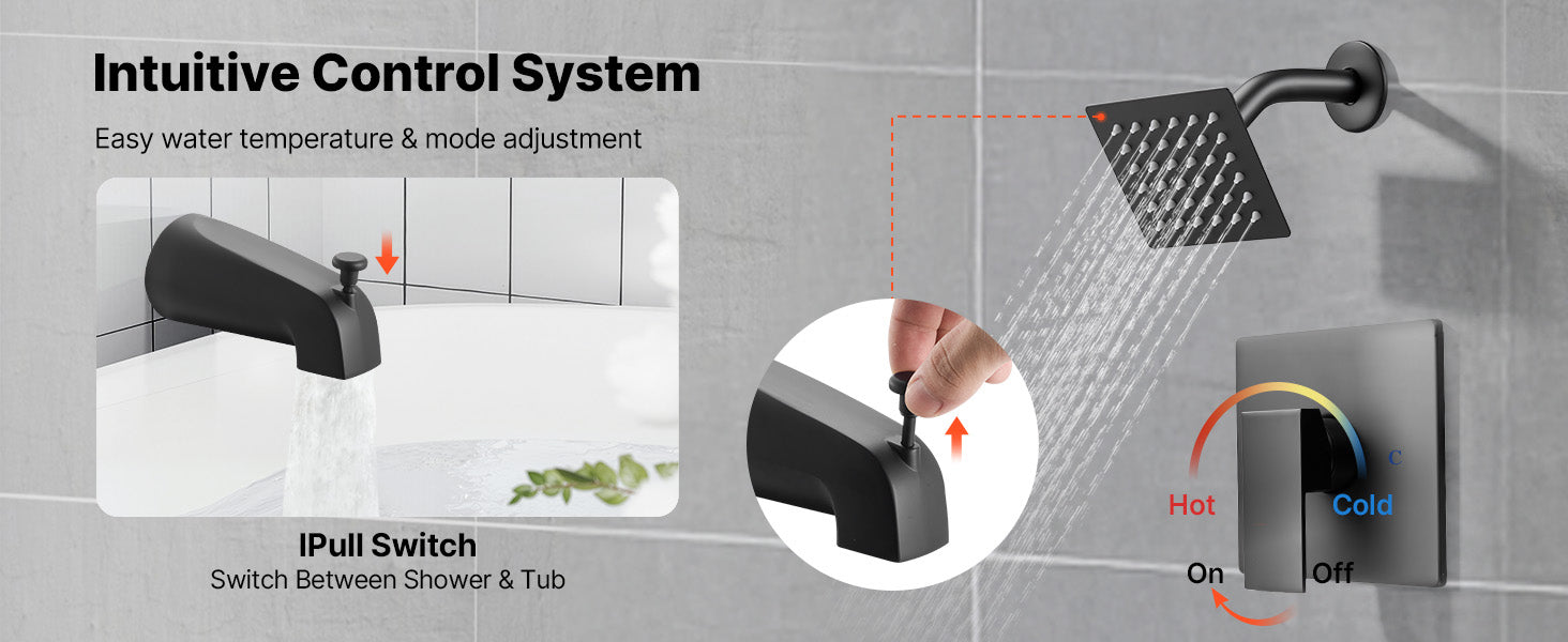 Conjunto de grifo para bañera y ducha con cabezal de ducha tipo lluvia de 4 pulgadas negro