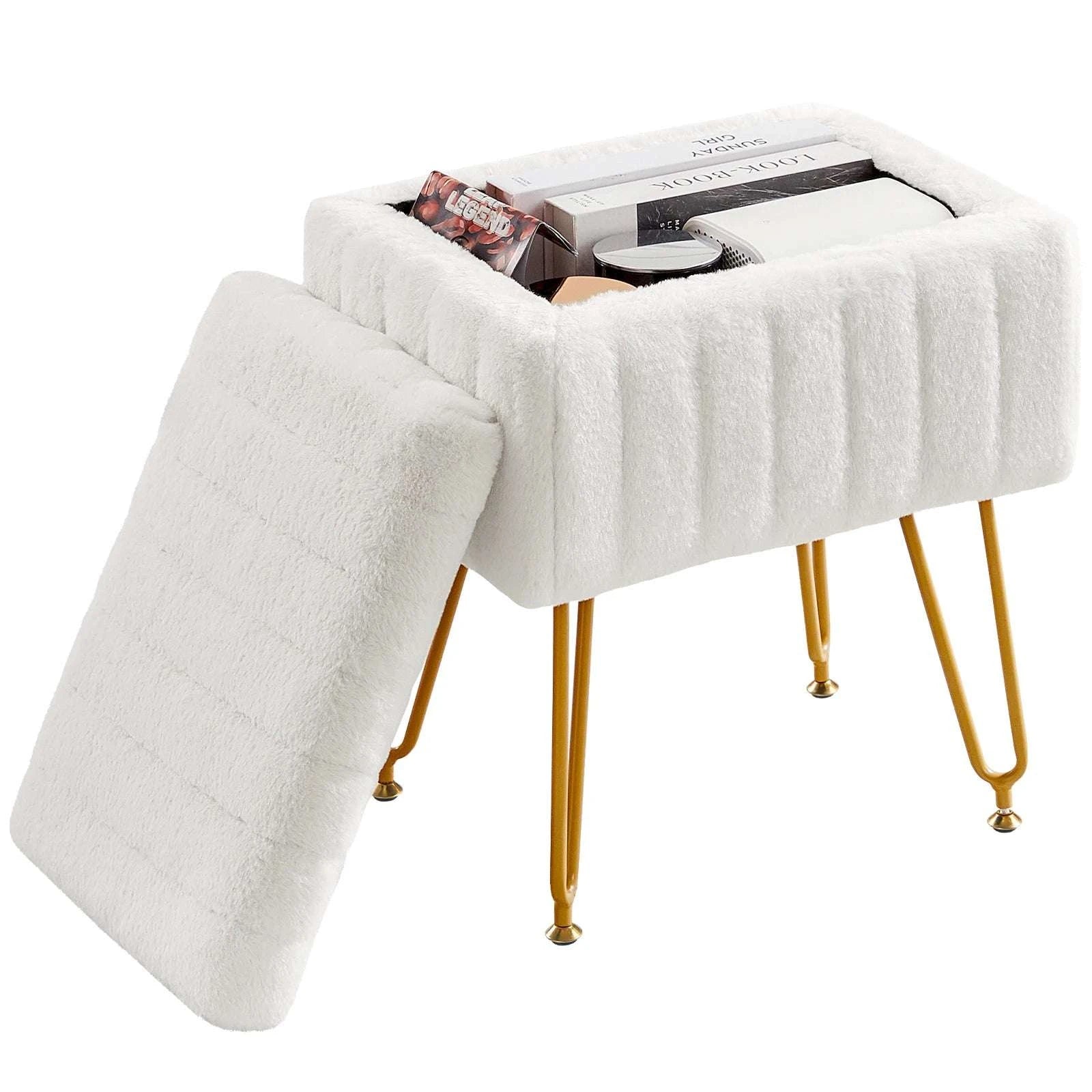 Faux Fur Storage Ottoman Stool with Hidden Compartment & Metal Legs-Grey / United States