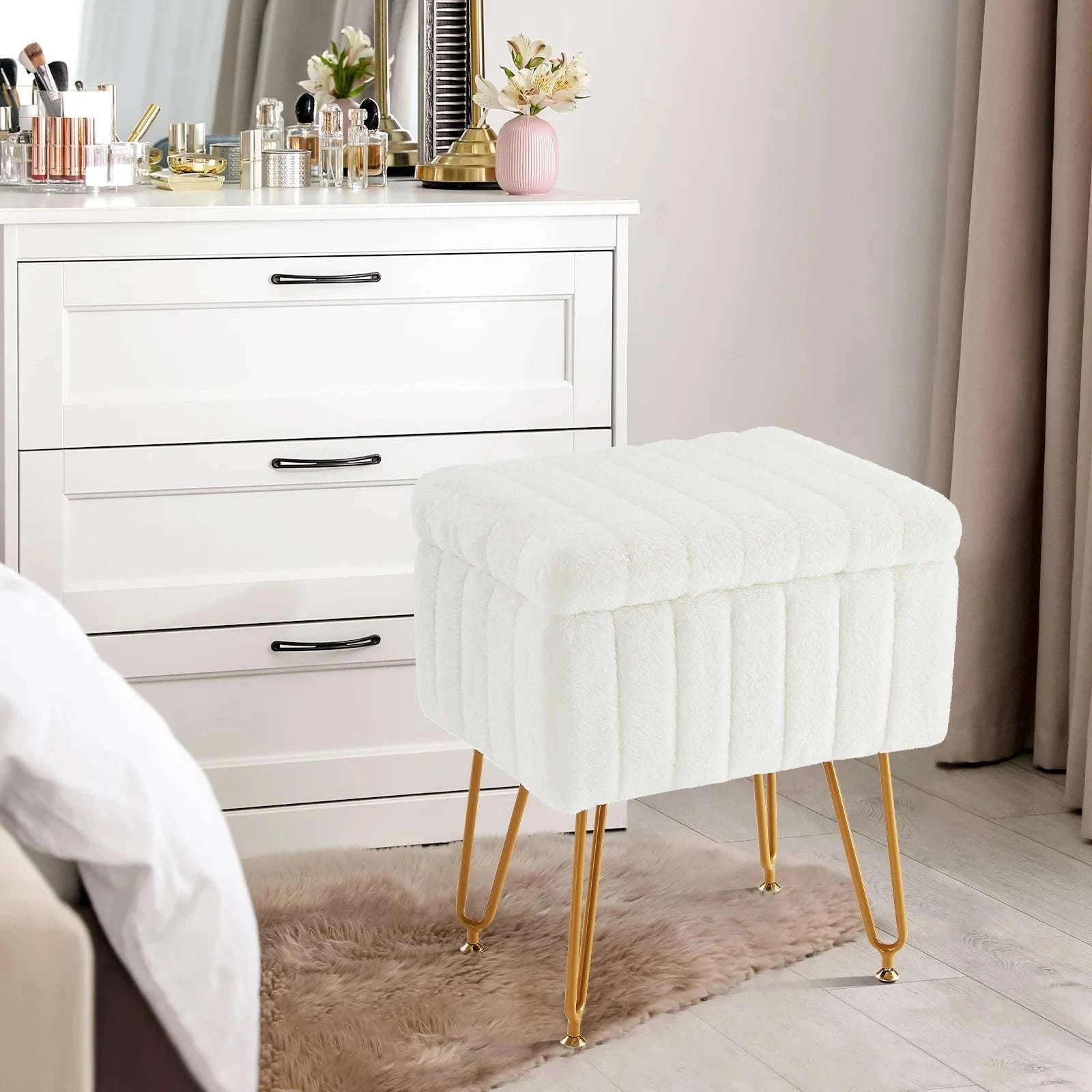 Faux Fur Storage Ottoman Stool with Hidden Compartment & Metal Legs-Grey / United States