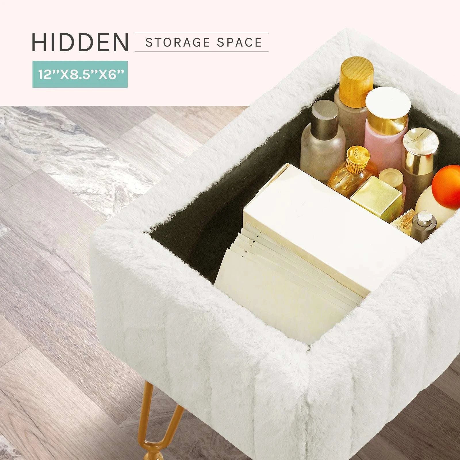 Faux Fur Storage Ottoman Stool with Hidden Compartment & Metal Legs-Grey / United States