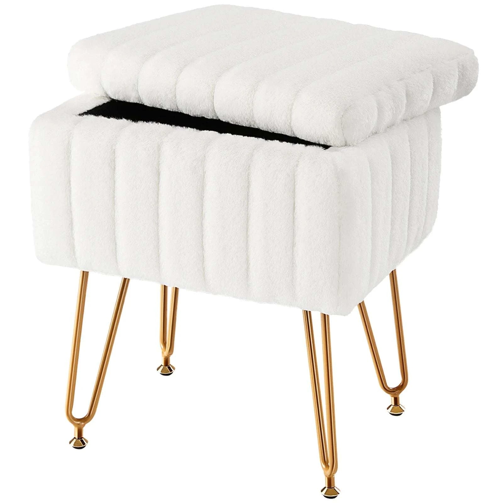 Faux Fur Storage Ottoman Stool with Hidden Compartment & Metal Legs-Grey / United States