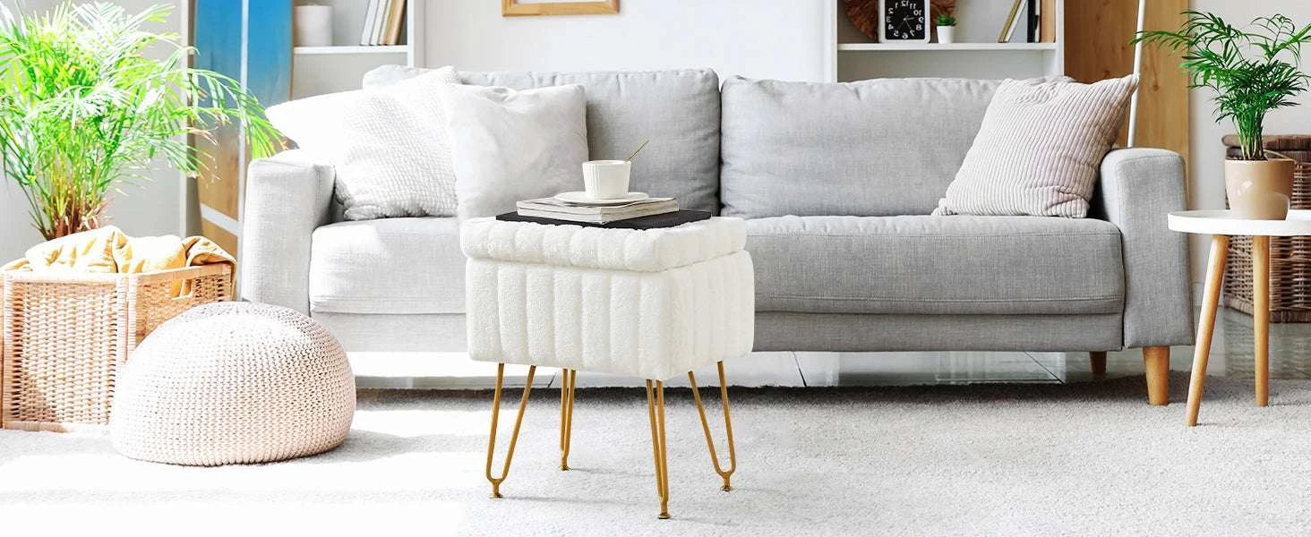 Faux Fur Storage Ottoman Stool with Hidden Compartment & Metal Legs-Grey / United States