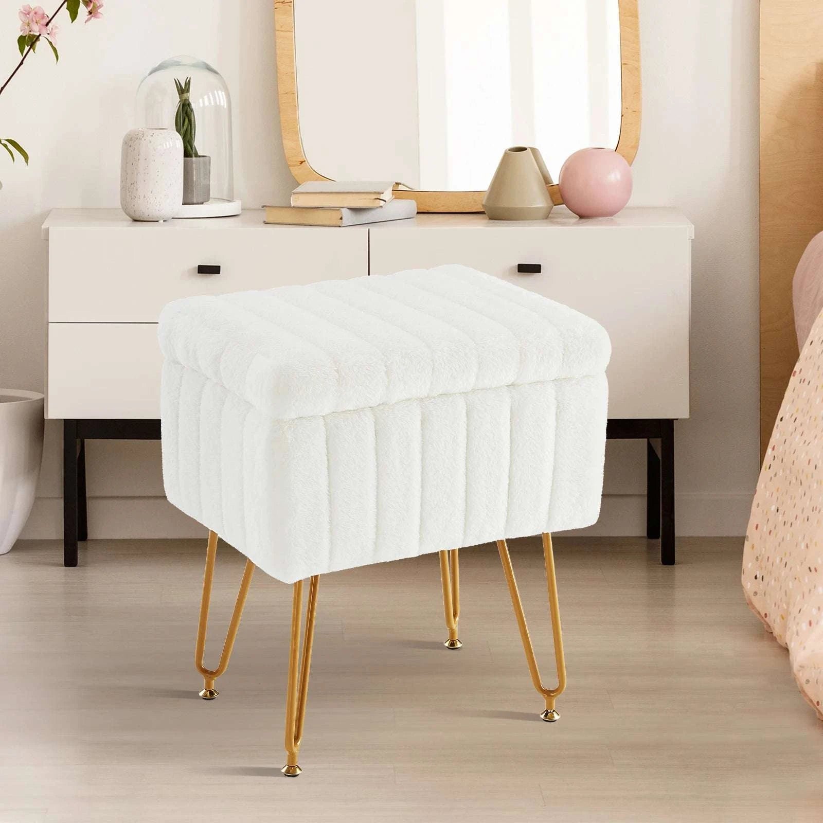 Faux Fur Storage Ottoman Stool with Hidden Compartment & Metal Legs-Grey / United States