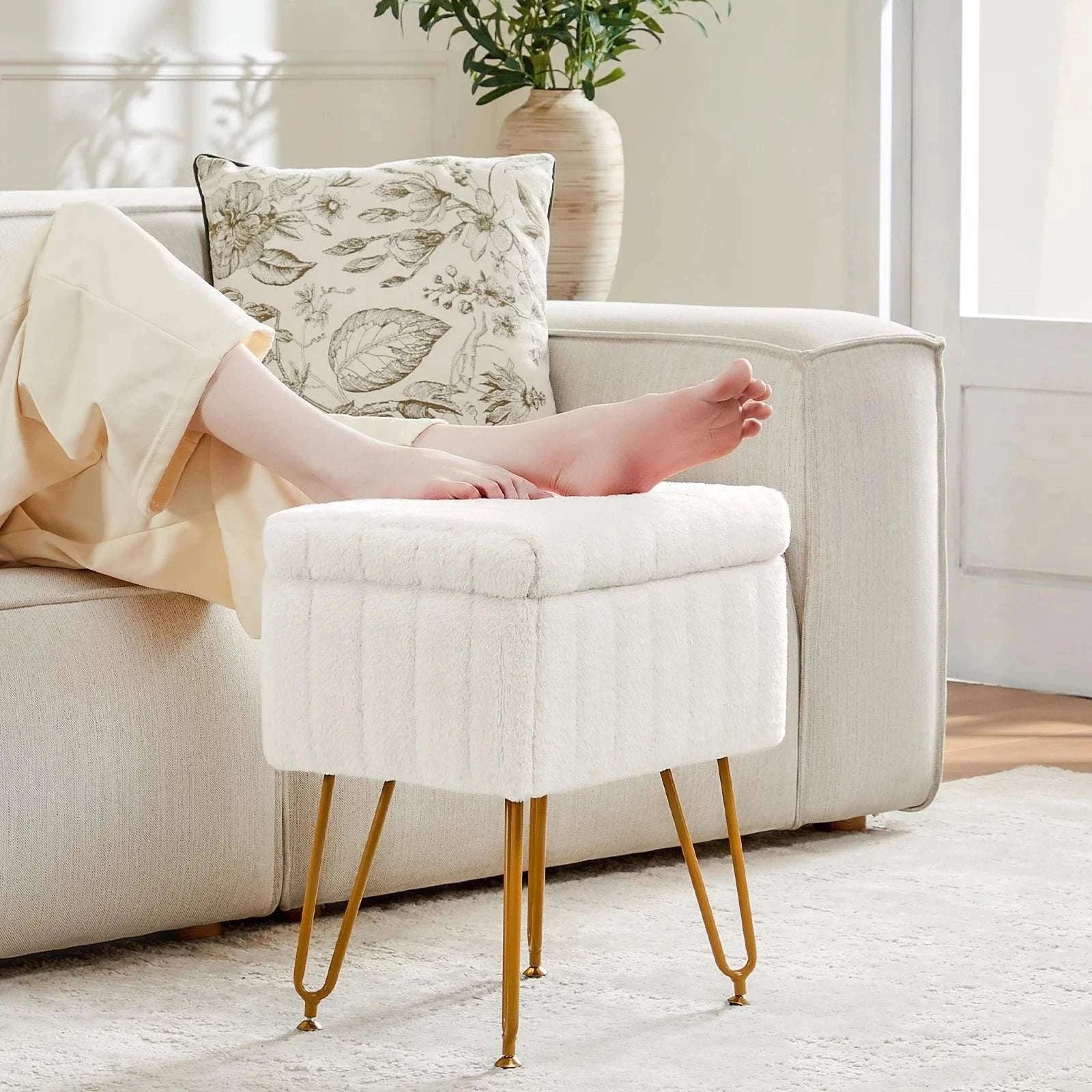 Faux Fur Storage Ottoman Stool with Hidden Compartment & Metal Legs-Grey / United States